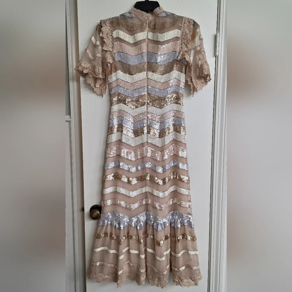 Needle & Thread Sequin Chevron Midi Dress in Gold and Silver - Picture 4 of 12